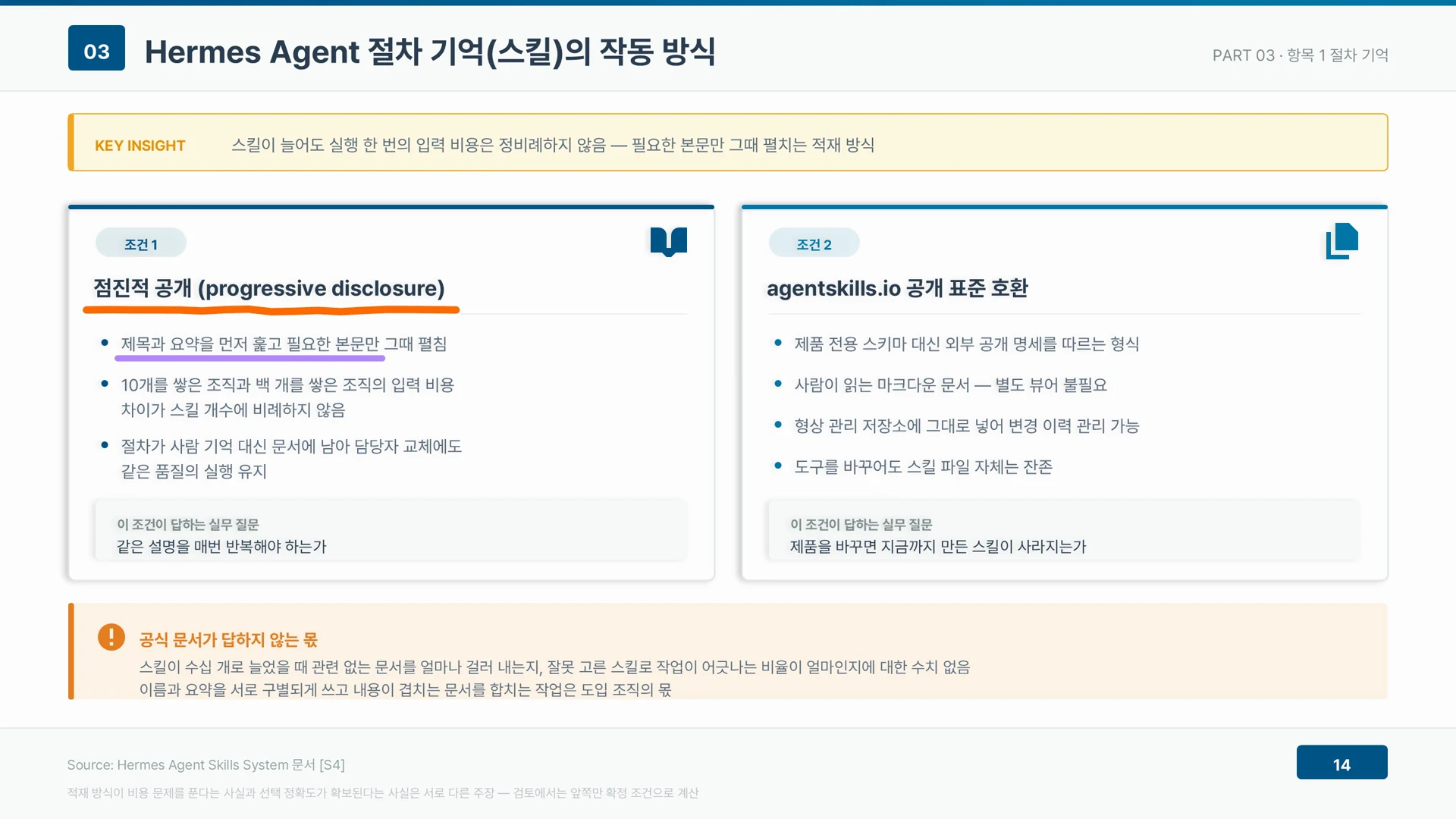 스킬은 제목과 요약을 먼저 훑고 필요한 본문만 펼치는 점진적 공개 방식으로 입력 비용을 줄인다.