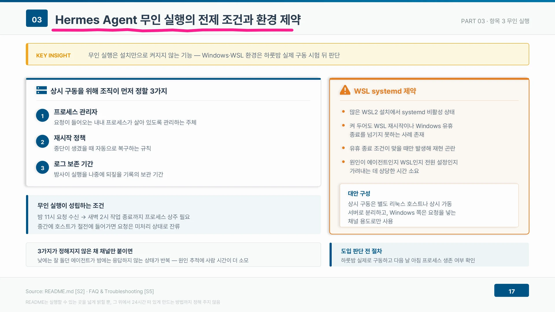 무인 실행은 프로세스 관리자, 재시작 정책, 로그 보존 기간이라는 인프라 전제가 있어야 성립하고 WSL 상시 구동은 불안정하다.