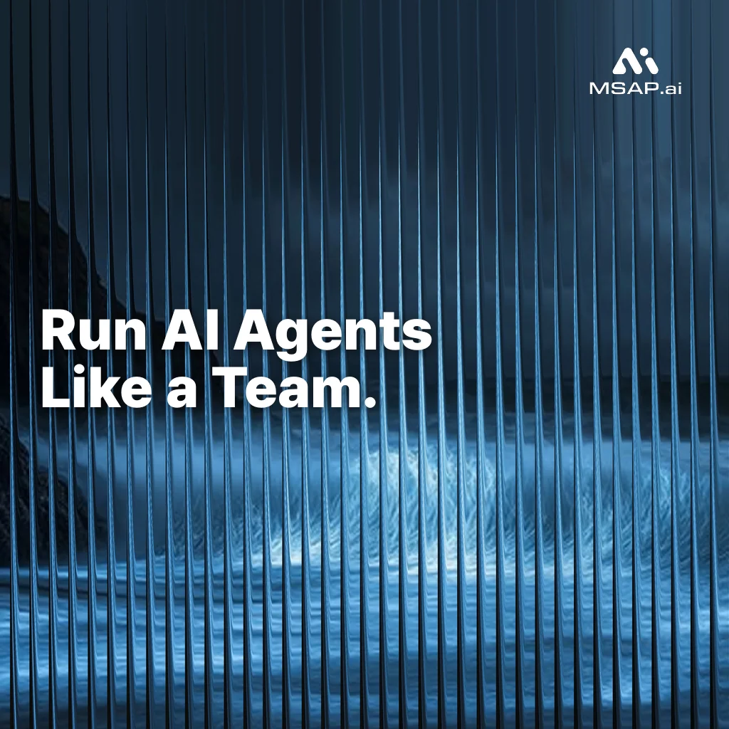 푸른 유리 결 배경에 「Run AI Agents Like a Team.」 문구와 MSAP.ai 로고를 얹은 Agentic AI 멀티에이전트 입문 백서 대표 이미지